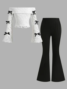 SHEIN Kids Tween Girl Casual Elegant Off-Shoulder Lace T-Shirt Top With Solid Color Flare Pants Set Fall/Winter Outfits - Black and White - View 4