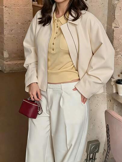 Easura Autumn/Winter Plus Size Women's Beige Lapel Zip-Up Short Jacket, Loose Drop Shoulder Silhouette, Casual Commute Streetwear Jacket Fall