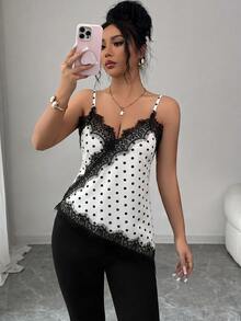 SHEIN PariChic 女款優雅圓點蕾絲拼接細肩帶背心 - 白色 - 查看 7