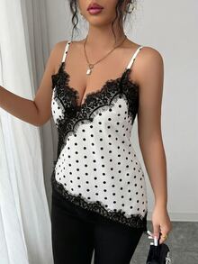 SHEIN PariChic 女款優雅圓點蕾絲拼接細肩帶背心 - 白色 - 查看 4
