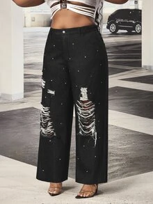 Slaydiva Cowgirl Outfit Plus Size Women's Black Non-Stretch Distressed Frayed Hem Rhinestone Embellished Slim Straight Leg Jeans - Black - View 5