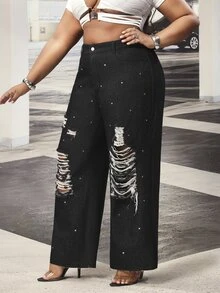 Slaydiva Cowgirl Outfit Plus Size Women's Black Non-Stretch Distressed Frayed Hem Rhinestone Embellished Slim Straight Leg Jeans - Black - View 4