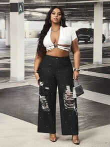 Slaydiva Cowgirl Outfit Plus Size Women's Black Non-Stretch Distressed Frayed Hem Rhinestone Embellished Slim Straight Leg Jeans - Black - View 6