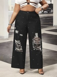 Slaydiva Cowgirl Outfit Plus Size Women's Black Non-Stretch Distressed Frayed Hem Rhinestone Embellished Slim Straight Leg Jeans - Black - View 7
