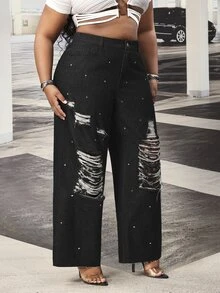 Slaydiva Cowgirl Outfit Plus Size Women's Black Non-Stretch Distressed Frayed Hem Rhinestone Embellished Slim Straight Leg Jeans - Black - View 3