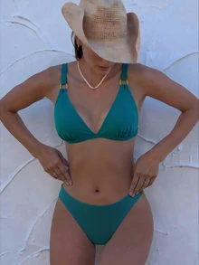 Swim Chiccia 2026 Spring/Summer Adjustable Strap Silver Ring Clasp V-Neck Peacock Green Side High Cut Bottoms Vacation Bikini 2 Pieces Swimwear - Teal Blue - View 3