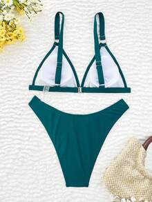 Swim Chiccia 2026 Spring/Summer Adjustable Strap Silver Ring Clasp V-Neck Peacock Green Side High Cut Bottoms Vacation Bikini 2 Pieces Swimwear - Teal Blue - View 5