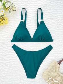 Swim Chiccia 2026 Spring/Summer Adjustable Strap Silver Ring Clasp V-Neck Peacock Green Side High Cut Bottoms Vacation Bikini 2 Pieces Swimwear - Teal Blue - View 2