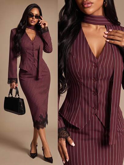 Radiana French Burgundy Vertical Stripe Lace Patchwork Tie Neck Elegant Slim Fit Set Dress, All-Match Versatile, Daily Casual Outing, Shopping, Gathering, Dating, Old Money Style, Commuting, Office