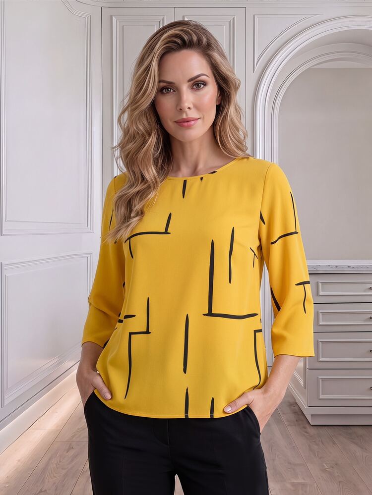 Miaspire Women Geometric Print Roll-Up Sleeve Casual Elegant Shirt, Autumn, Tea Party Office,Black And Yellow, Women,Teachers' Day Women,Going Out - Yellow - View 1