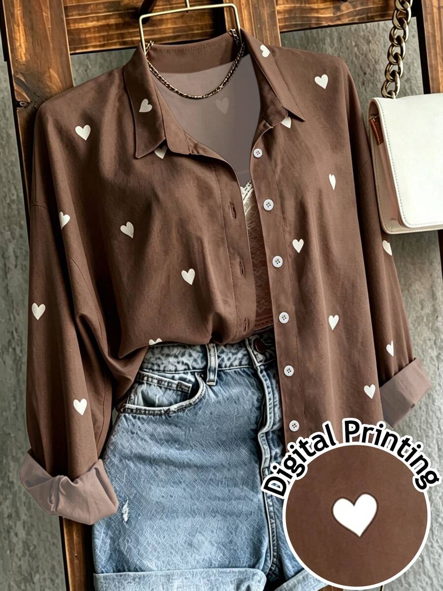 Franclia Women's Heart Print Long Sleeve Shirt - Brown - View 1