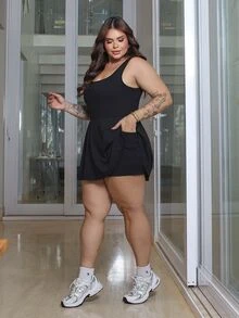 Bibi Tomais Plus Size Women's Sleeveless Romper, Solid Color Pockets,One Piece Outfit - Black - View 4