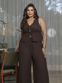 Bibi Tomais Plus Size Women Solid Color Front Tie Vest And Pants Casual 2 Pieces Set - Chocolate Brown - View 4