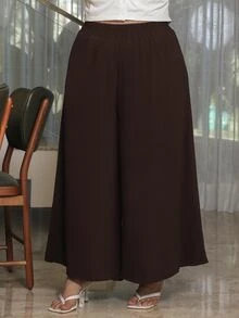 Bibi Tomais 加大码纯色阔腿裤/裙裤，简约时尚，适合夏季、秋季服装、教师裤 - 摩卡棕 - 查看 4