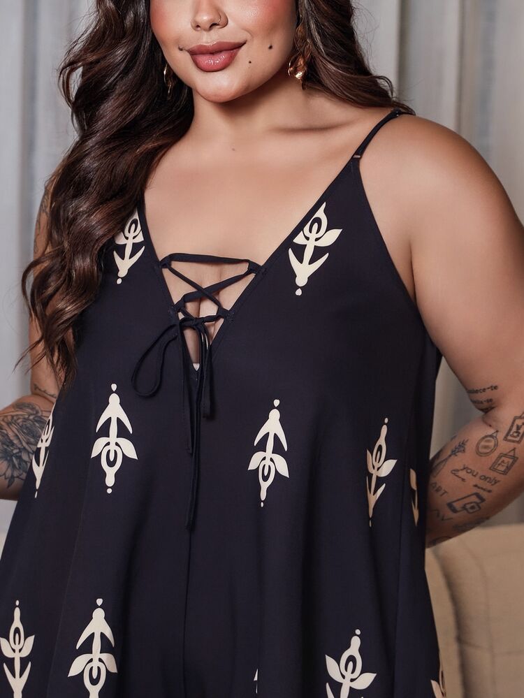 Bibi Tomais Plus Size Women's Floral Pattern Sleeveless Romper,Vacation Style,Tea Party Summer,Back To School,Homecoming,Old Money Style - Black - View 6