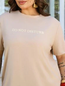 Bibi Tomais Plus Size Round Neck Letter Print Loose Fit Short Sleeve T-Shirt, Spring & Summer Oversized T-Shirt Preppy Tops - Khaki - View 4