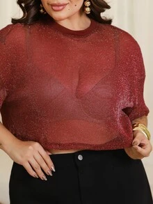 Bibi Tomais Wine Red Short Sleeve Round Neck Sheer Glitter Mesh Plus Size Pullover Top - Burgundy - View 6