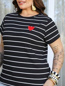 Bibi Tomais Plus Size Women's Heart Embroidery Striped Knit T-Shirt, For Summer - Black - View 4