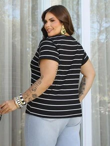Bibi Tomais Plus Size Women's Heart Embroidery Striped Knit T-Shirt, For Summer - Black - View 2