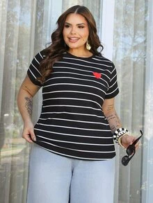 Bibi Tomais Plus Size Women's Heart Embroidery Striped Knit T-Shirt, For Summer - Black - View 3