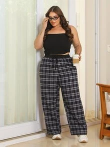 Bibi Tomais 大码黑白格子印花宽松休闲裤，适合夏季 - 深灰色 - 查看 3