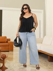 Bibi Tomais Plus Size Women Solid Color Pleated Casual Loose Camisole - Black - View 3