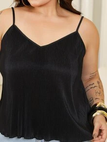 Bibi Tomais Plus Size Women Solid Color Pleated Casual Loose Camisole - Black - View 5