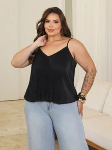 Bibi Tomais Plus Size Women Solid Color Pleated Casual Loose Camisole - Black - View 4