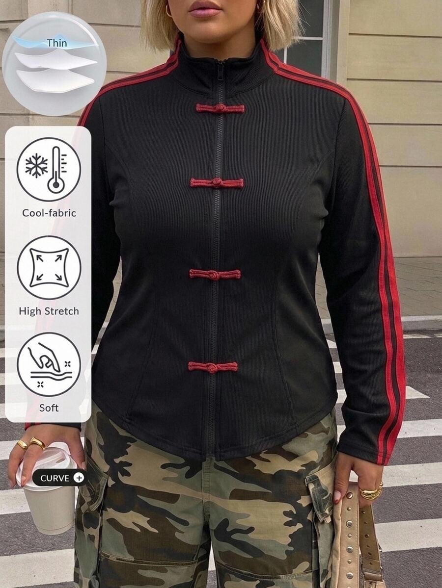 SHEIN CURVE+ Women's Autumn/Winter New Knit Sporty Style Thin Jacket With Woven Tape And Frog Button Design, Zipper Lightweight Outerwear, Suitable For Outings And Commuting, Suitable For Autumn/Winter - Black - View 1