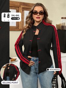 SHEIN CURVE+ Women's Autumn/Winter New Knit Sporty Style Thin Jacket With Woven Tape And Frog Button Design, Zipper Lightweight Outerwear, Suitable For Outings And Commuting, Suitable For Autumn/Winter - Black - View 2