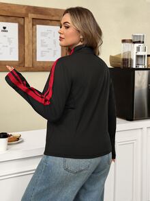 SHEIN CURVE+ Women's Autumn/Winter New Knit Sporty Style Thin Jacket With Woven Tape And Frog Button Design, Zipper Lightweight Outerwear, Suitable For Outings And Commuting, Suitable For Autumn/Winter - Black - View 9
