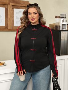 SHEIN CURVE+ Women's Autumn/Winter New Knit Sporty Style Thin Jacket With Woven Tape And Frog Button Design, Zipper Lightweight Outerwear, Suitable For Outings And Commuting, Suitable For Autumn/Winter - Black - View 5