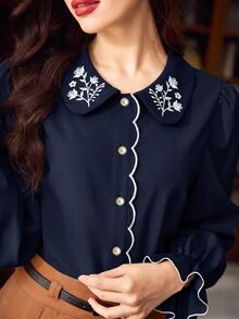 Vintamour 女款花卉刺繡長袖單排扣優雅襯衫 - 藏蓝色 - 查看 2