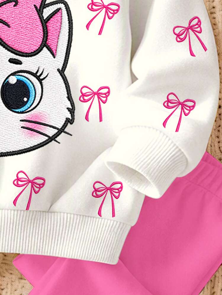 Baby Girl Casual Cute Shiny Textured Cartoon Kitty Cat Pattern, Pink Bow, Polka Dot, Round Neck Long Sleeve Sweatshirt & Leggings 2 Pieces Set, Suitable For Autumn/Winter, Kawaii, Cozy Fall & Winter Styles - Multicolor - View 5