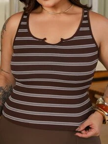 Bibi Tomais 女士加大码夏季修身条纹露脐上衣，适合日常休闲街头风、沙滩装、夏季穿着。 - 摩卡棕 - 查看 6