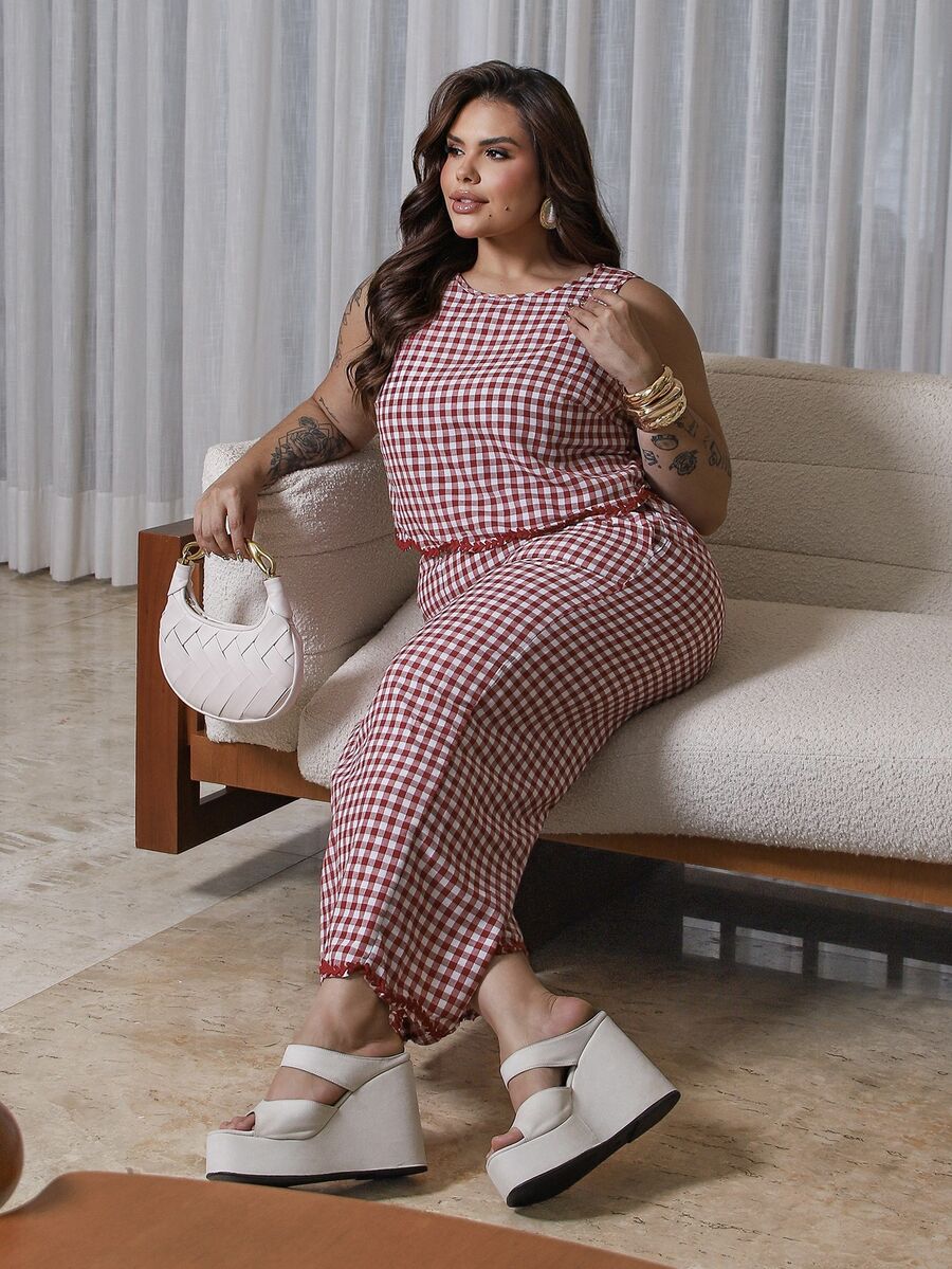 Bibi Tomais Plus Size Casual Plaid Print Vest And Pants 2 Pieces Set - Red - View 1