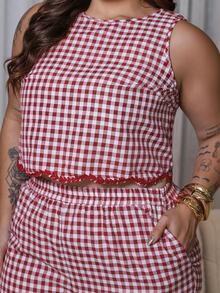 Bibi Tomais Plus Size Casual Plaid Print Vest And Pants 2 Pieces Set - Red - View 7