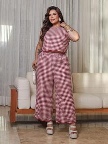 Bibi Tomais Plus Size Casual Plaid Print Vest And Pants 2 Pieces Set - Red - View 3
