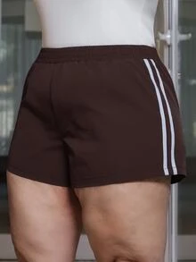 Bibi Tomais Plus Size Brown Casual Mini Shorts With Side Stripe Detail And Straight Leg From Woven Fabric - Brown - View 6