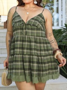 Bibi Tomais 格纹吊带拼接刺绣棉布面料前蝴蝶结装饰宽松休闲百搭吊带背心，秋冬款，大码夏季款 - 橄欖綠 - 查看 6