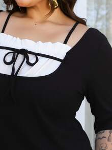 Bibi Tomais Plus Size 2 In 1 Splicing Contrast Color Pleated Drawstring Tie Waist Slim Casual Versatile Black Short Sleeve T-Shirt Cute Tops Summer - Black - View 4