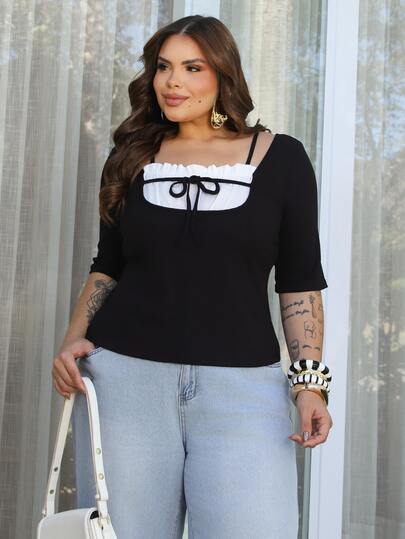 Bibi Tomais Plus Size 2 In 1 Splicing Contrast Color Pleated Drawstring Tie Waist Slim Casual Versatile Black Short Sleeve T-Shirt Cute Tops Summer