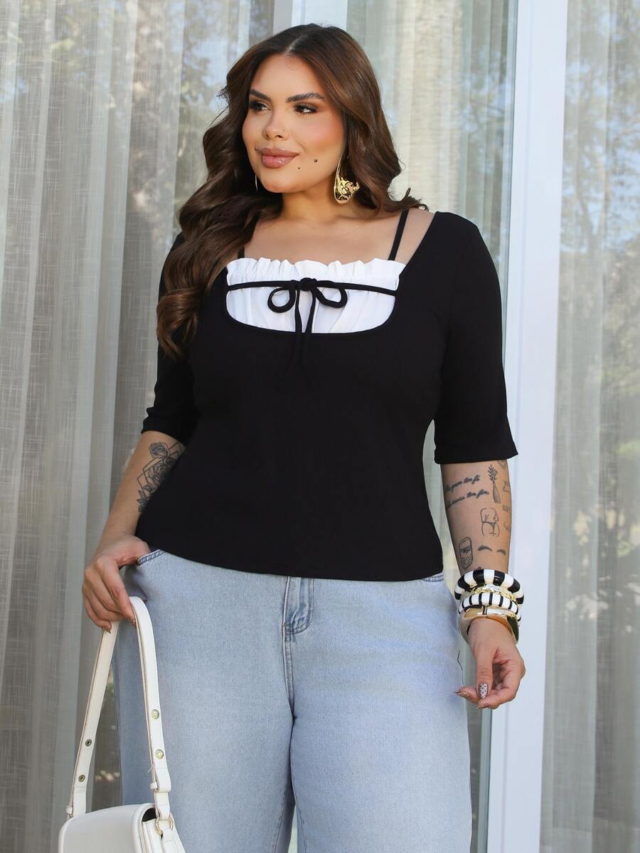 Bibi Tomais Plus Size 2 In 1 Splicing Contrast Color Pleated Drawstring Tie Waist Slim Casual Versatile Black Short Sleeve T-Shirt Cute Tops Summer - Black - View 1