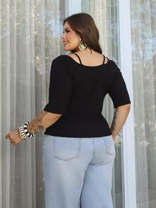Bibi Tomais Plus Size 2 In 1 Splicing Contrast Color Pleated Drawstring Tie Waist Slim Casual Versatile Black Short Sleeve T-Shirt Cute Tops Summer - Black - View 2