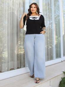 Bibi Tomais Plus Size 2 In 1 Splicing Contrast Color Pleated Drawstring Tie Waist Slim Casual Versatile Black Short Sleeve T-Shirt Cute Tops Summer - Black - View 5