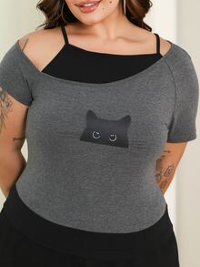 Bibi Tomais 大码女式休闲复古黑猫偷窥印花撞色短袖T恤，适合夏季穿着 - 深灰色 - 查看 5