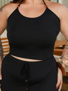 Bibi Tomais Plus Size Vacation Style Spaghetti Strap Fish Tail Hem 2 Pieces Set Skirt - Black - View 6