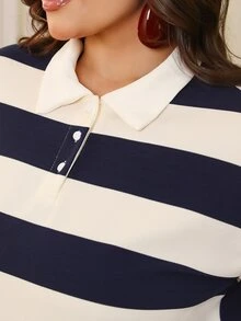 Bibi Tomais 撞色条纹宽松Polo领短袖T恤，适合大码女性的休闲夏季服装 - 藍白色 - 查看 6