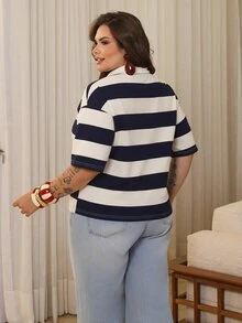 Bibi Tomais 撞色条纹宽松Polo领短袖T恤，适合大码女性的休闲夏季服装 - 藍白色 - 查看 2