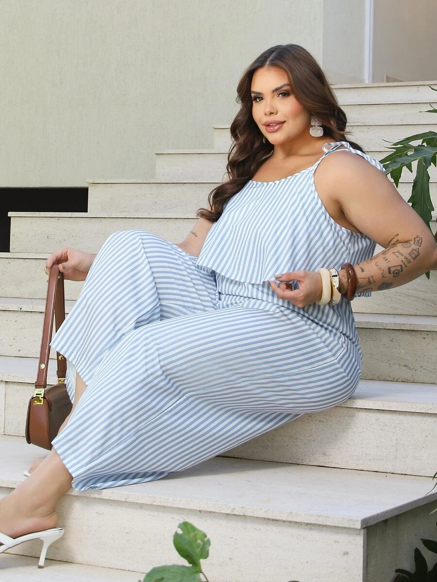 Bibi Tomais Plus Size Women Casual Striped Sleeveless Jumpsuit, Suitable For Summer - Multicolor - View 1